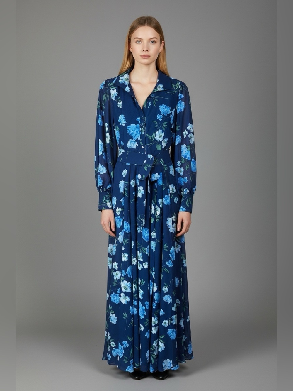 Yumi Kim Navy Floral Print V Neck Belted Long Sleeve Maxi Dress S